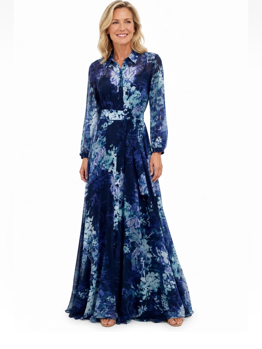 Rickie Freeman Teri Jon Floral Chifffon Gown Maxi Shirt Dress Size 4 Belted